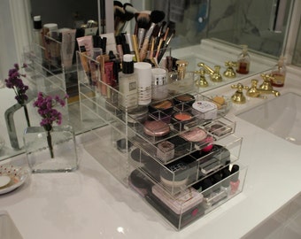 Clear Acrylic Makeup Organizer SleekBox ALL-IN-ONE Brush Holder and Lipstick Holder Vanity Cosmetic Storage Beauty Drawer BeautyFill Box
