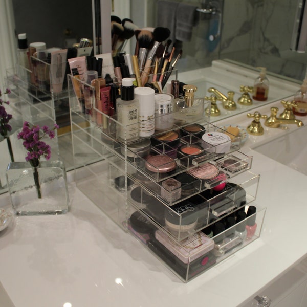Clear Acrylic Makeup Organizer SleekBox ALL-IN-ONE Brush Holder and Lipstick Holder Vanity Cosmetic Storage Beauty Drawer BeautyFill Box