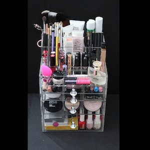 Clear Acrylic Makeup Organizer GlitzBox ALL-IN-ONE Brush Holder and Lipstick Holder Vanity Cosmetic Storage Beauty Drawer BeautyFill Box