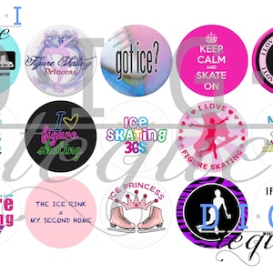 Peut inclure: Une collection de badges ronds sur le thème du patinage artistique. Les motifs comprennent des textes tels que "J'aime le patinage artistique", "Keep calm and skate on" et "Ice Princess". Les couleurs sont le rose, le violet et le noir.