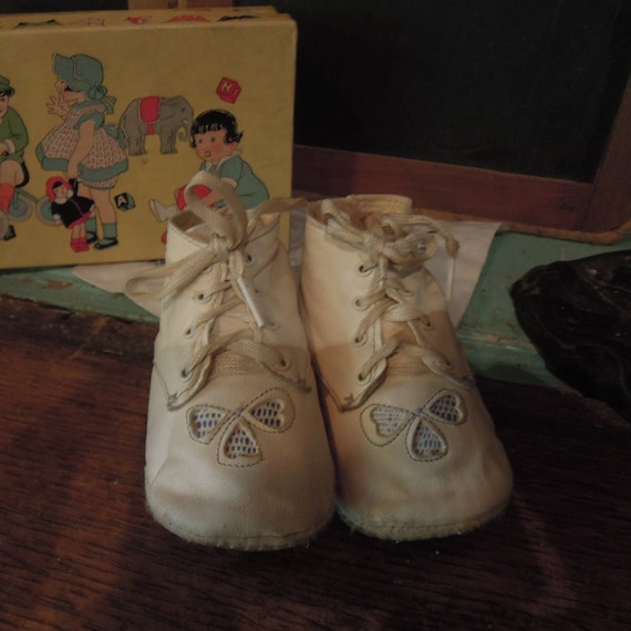 Antique Leather Baby Bots / Blue Accent Baby Shoe… - image 3