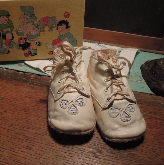 Antique Leather Baby Bots / Blue Accent Baby Shoe… - image 1