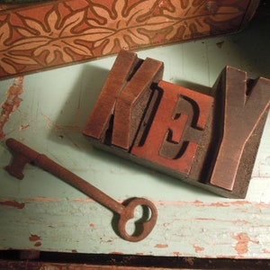 Vintage Wood Letter Blocks and Skeleton Key / Key Letter Blocks / Antique Key Letter Print Blocks
