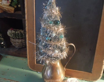 Vintage Christmas Handmade Bottle Brush Tree / OOAK Bottle Brush Tree / Vintage Blue Mercury Glass Ornaments / Holiday Decorations