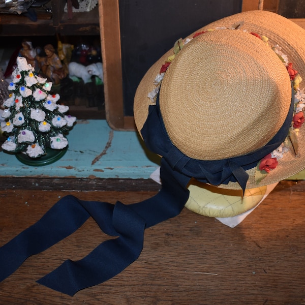 Vintage Child's Straw Hat / Girls Straw Hat / Vintage Blue Ribbon And Flowers Sun Hat / Special Occasion Hat / Wedding