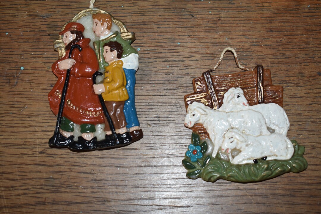 Vintage Wax Christmas Ornaments / Two Colorful Hand Painted Wax