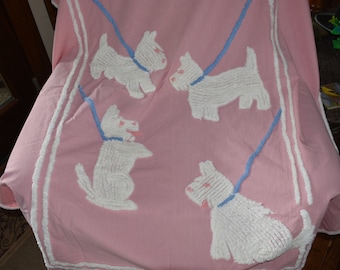 Vintage Pink and White Chenille Baby Blanket / Scottie Pink Baby Blanket / Vintage Pink Crib Blanket