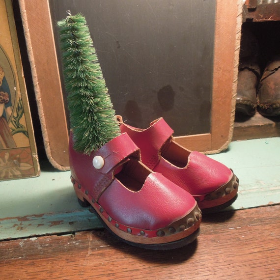 Antique Russian Children's Clogs / Handmade Red Cl