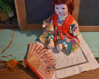 Vintage Geisha Doll / Japanese Doll and Fan / Vintage Asian Doll / Collectible Doll