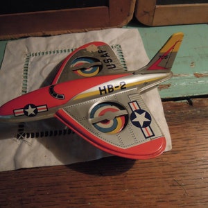 Vintage Tin Toy Friction Plane / USAF Jet Toy Plane / Tin Fighter Jet / Made in Japan