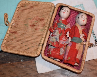 Vintage Pair of Japanese Dolls / Japanese Boy and Girl Dolls in Woven Grass Case / Vintage Asian Dolls / Collectible Dolls Made in Japan