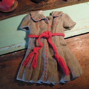 Vintage Grey Doll Dress / Red Stiched Collar Doll Dress / Pleated Doll Dress