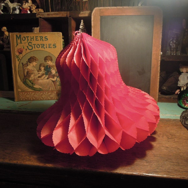 Antique Christmas Honeycomb Paper Bell / Vintage B. Welmsen Paper Decor / Red Paper Christmas Bell