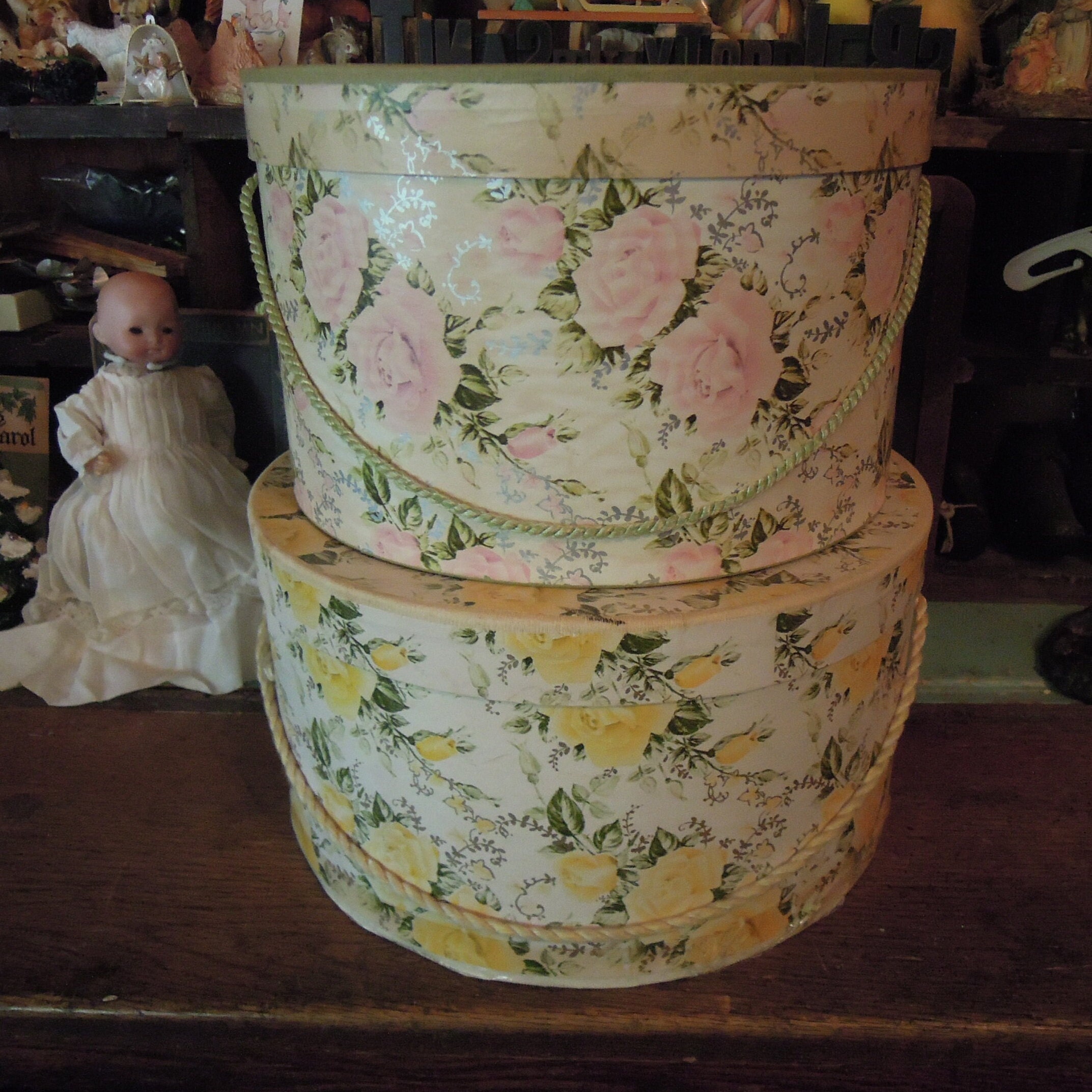 Hat Box Round with Spring Floral Design LARGE Vintage Cardboard