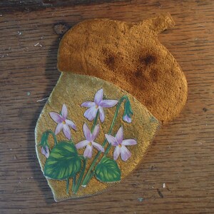 Cartão de bolota vitoriano de veludo vintage/cartão de amor antigo/bolota de veludo de 1800 com violetas/nota de amor efêmera antiga