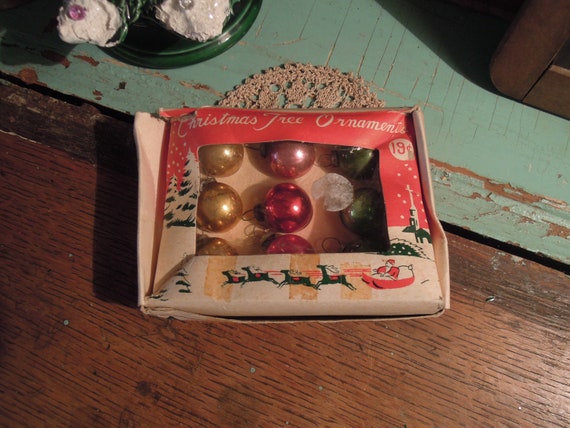 Vintage Tiny Christmas Ornaments / Set of 9 Mini Glass Ornaments / Vintage  Original Box 