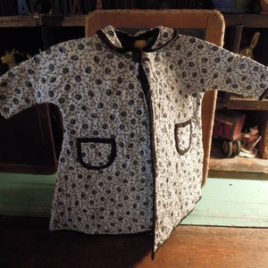 Vintage Quilted Coat Doll Dress / Black Floral & White Doll Coat
