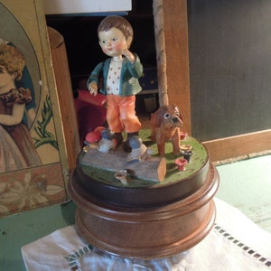 Vintage Reuge and Anri Musical Boy and Dog / Hand Carved Wooden Anri / Collectible Anri / Made In Italy
