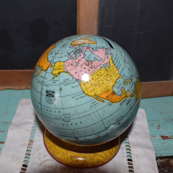 Vintage Child's Coin Bank / J. Chein Company Tin Globe Bank / Vintage Toy Decor