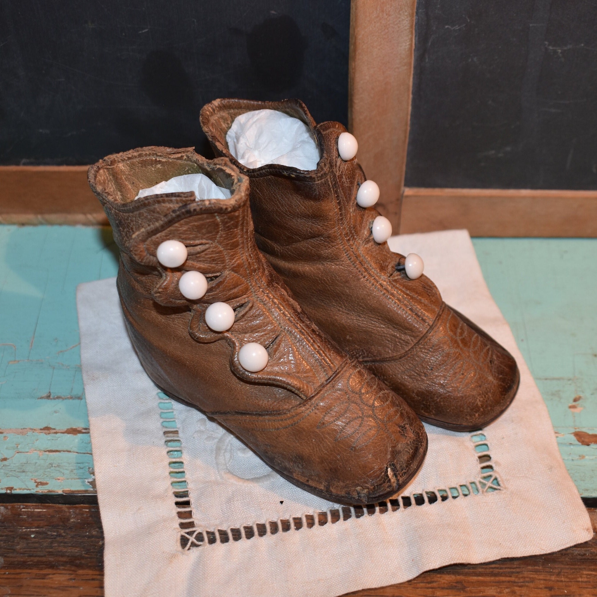 Vintage Victorian High Top Baby Boots / Antique Brown Leather Baby