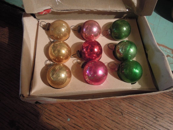 Vintage Tiny Christmas Ornaments / Set of 9 Mini Glass Ornaments / Vintage  Original Box 