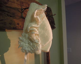 Vintage Knit Baby Bonnet / Cream Knit Bonnet / Satin Flower Bonnet