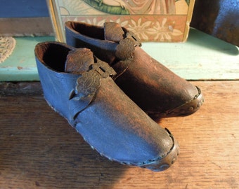 Antique Children's Sabot Clogs / Handmade Clogs / Wooden Baby Clogs / Vintage Leather Wood Metal Shoes