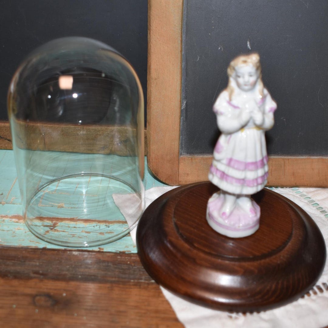 Vintage Cloche on Wood Base / Antique Porcelain Doll Glass Dome on Wood ...