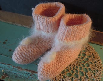 Vintage Knitted Pink Booties / Baby Girl Pink Angora Yarn /Vintage Baby Booties / Vintage Baby Clothes / Vintage Accessories
