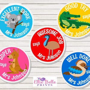 Personalised Teacher Stickers Australian Animals Coloured Background Personalised Merit Stickers Personalized Teacher Sticker image 3