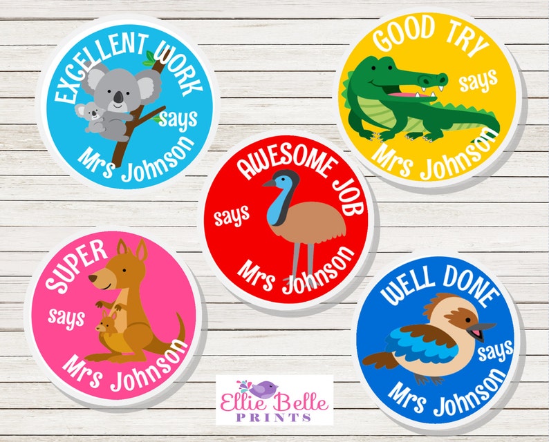 Personalised Teacher Stickers Australian Animals Coloured Background Personalised Merit Stickers Personalized Teacher Sticker image 3