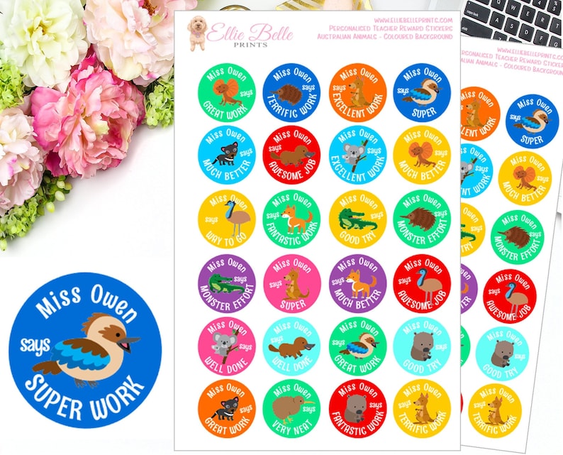 Personalised Teacher Stickers Australian Animals Coloured Background Personalised Merit Stickers Personalized Teacher Sticker image 1