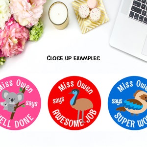 Personalised Teacher Stickers Australian Animals Coloured Background Personalised Merit Stickers Personalized Teacher Sticker image 2