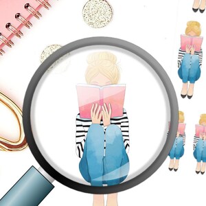 May include: A sheet of stickers featuring a cartoon illustration of a woman with blonde hair in a bun, wearing a striped shirt and blue jeans, sitting and reading a pink book. The text "Pink Leaf Prints" is in the bottom right corner of the sheet.