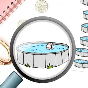 以下が含まれることがあります： ピンクの浮き輪が浮かぶ地上プールが16個描かれたステッカーシート。シートの上部には「Pink Leaf Prints」の文字があります。