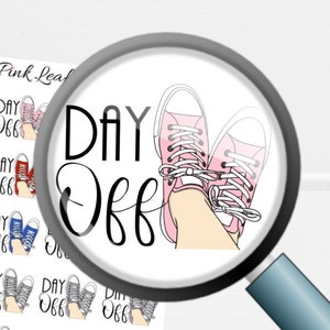 May include: A set of 12 planner stickers featuring a pair of sneakers with the text "Day Off" in black script. The sneakers are in various colors, including pink, red, blue, and gray.