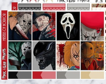 May include: A set of printable planner stickers featuring horror movie characters. The stickers include images of Michael Myers, Freddy Krueger, Ghostface, Pennywise, Jason Voorhees, Alien, Chucky, and the Pumpkinhead. The stickers are designed in a red, black, and white color scheme with a grunge aesthetic. The text "PINK LEAF PRINTS" and "MASTERS OF HORROR" is included on the stickers.