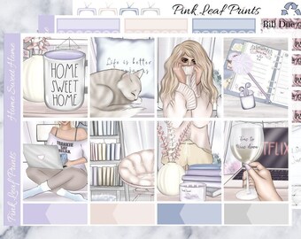 May include: A set of printable planner stickers featuring a cozy home theme. The stickers include illustrations of a woman relaxing at home, a cat, a mug, a glass of wine, and a home sweet home sign. The stickers are in shades of purple, pink, and blue.