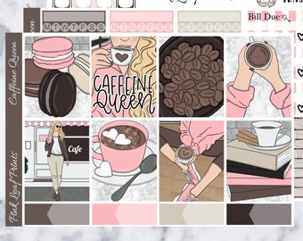 May include: A set of printable planner stickers featuring a coffee theme. The stickers include a coffee cup, coffee beans, a cafe, and the text "Caffeine Queen". The stickers are in pink, brown, and white.