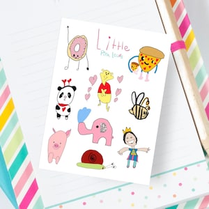 May include: A sheet of stickers with a variety of cute cartoon characters, including a donut, a pizza slice, a panda, a bee, an elephant, a snail, a pig, and a girl with a crown. The stickers are all hand-drawn and have a whimsical, childlike style. The text "Little Pink Leaves" is written at the top of the sheet.