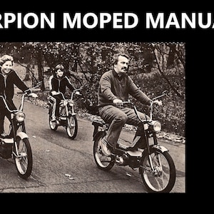 May include: A black and white photo of three people riding mopeds on a paved road. The people are wearing casual clothing and are smiling. The mopeds are all the same model and have a distinctive design.