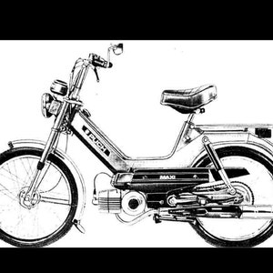 Puede incluir: Ilustración en blanco y negro de un ciclomotor Puch Maxi. El ciclomotor tiene un asiento negro, un marco negro y un tubo de escape negro. El ciclomotor tiene un motor plateado y una cadena plateada.