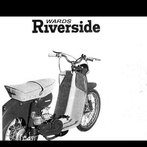 May include: Black and white photograph of a vintage Wards Riverside moped. The moped has a white seat and a black frame.