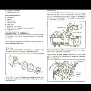 May include: A black and white diagram illustrating the disassembly and assembly of a crankshaft and magneto. The diagram provides instructions for removing and installing the magneto retaining nut, as well as the crankshaft bearing. The diagram also includes a note about the crankshaft end-play and how to adjust it.