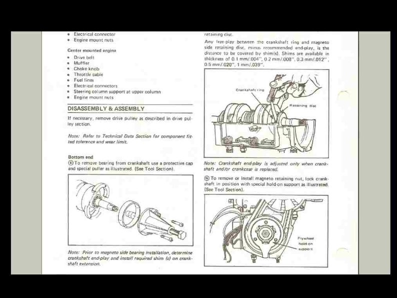 May include: A black and white diagram illustrating the disassembly and assembly of a crankshaft and magneto. The diagram provides instructions for removing and installing the magneto retaining nut, as well as the crankshaft bearing. The diagram also includes a note about the crankshaft end-play and how to adjust it.