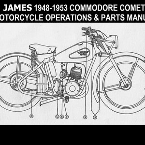 May include: A black and white line drawing of a James Commodore Comet motorcycle from 1948-1953. The drawing shows the motorcycle's side profile with details of the engine, wheels, and other components. The image is from a motorcycle operations and parts manual.