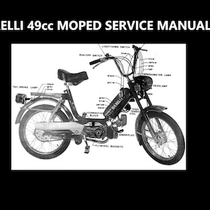 May include: A black and white diagram of a Garelli 49cc moped with labeled parts, including the headlight, speedometer lamp, turn signal switch, ignition coil, and spark plug.