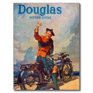May include: A vintage advertisement for Douglas Motor Cycle featuring a man in a kilt and a red jacket riding a motorcycle. The motorcycle has a sidecar and the man is waving. The advertisement is set against a blue sky with white clouds.