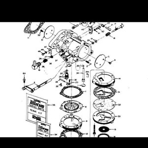 May include: A black and white exploded diagram of a carburettor with numbered parts. The diagram includes a repair kit and gasket set for a Tillotson carburettor.