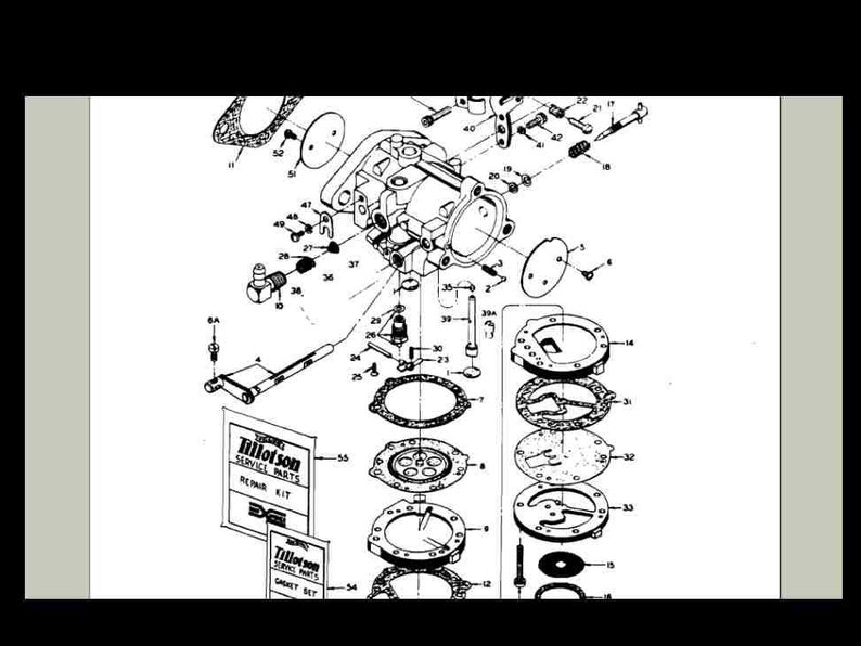 May include: A black and white exploded diagram of a carburettor with numbered parts. The diagram includes a repair kit and gasket set for a Tillotson carburettor.